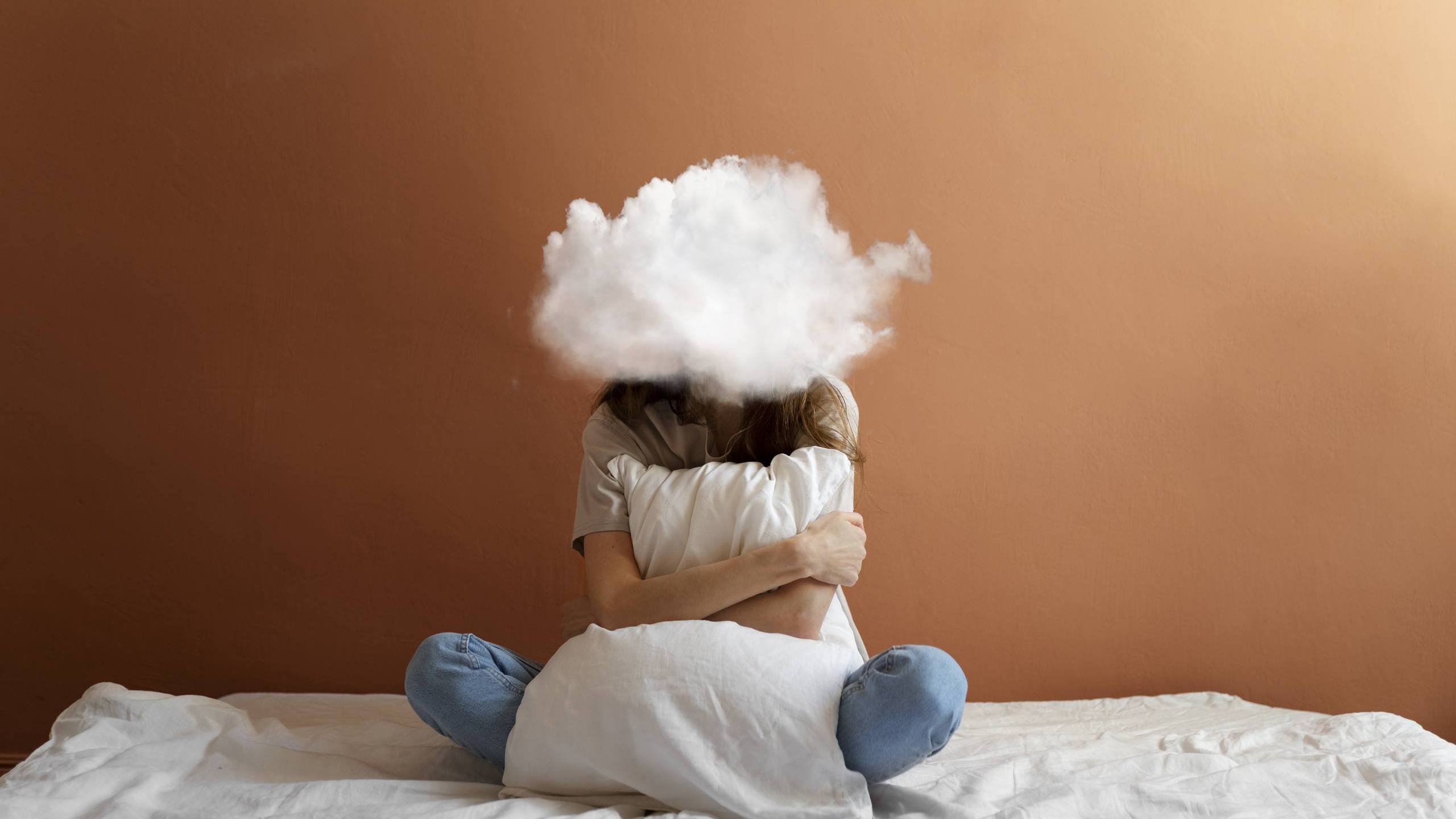 full shot model posing with cloud shaped head